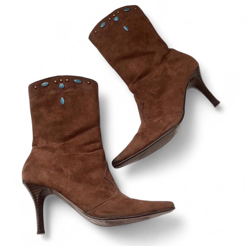 Y2K Western Boho Hippie Indie Gypsy Cowgirl Whimsi Faux Suede Kitten Ankle Boots